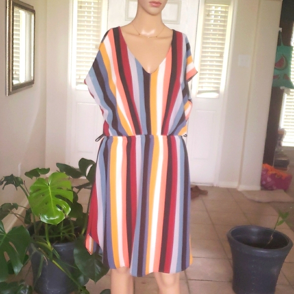 Charming Charlie L deep multicolor stripes vneck shirt dress elastic waist - Picture 1 of 6